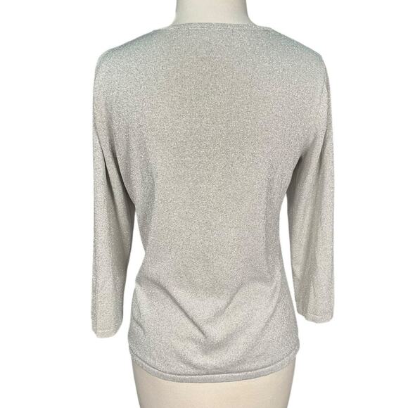August Silk Silver Metallic Knit Top Large V Neck 3/4 Sleeve Holiday Party Lux - Picture 2 of 11